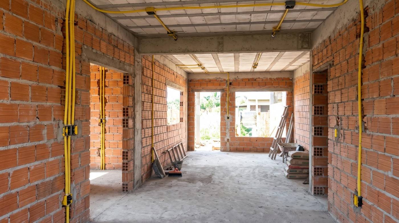 Casa em construção com eletrodutos e caixas já posicionados nas paredes de tijolo